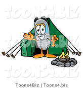 Illustration of a Cartoon Cellphone Mascot Camping with a Tent and Fire by Mascot Junction