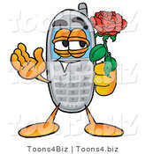 Illustration of a Cartoon Cellphone Mascot Holding a Red Rose on Valentines Day by Mascot Junction