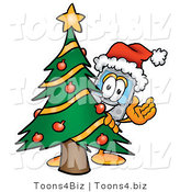 Illustration of a Cartoon Cellphone Mascot Waving and Standing by a Decorated Christmas Tree by Mascot Junction