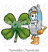 Illustration of a Cartoon Cellphone Mascot with a Green Four Leaf Clover on St Paddy's or St Patricks Day by Mascot Junction