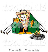 Illustration of a Cartoon Cheese Pizza Mascot Camping with a Tent and Fire by Mascot Junction