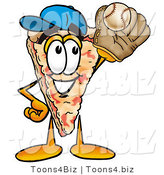 Illustration of a Cartoon Cheese Pizza Mascot Catching a Baseball with a Glove by Mascot Junction