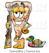 Illustration of a Cartoon Cheese Pizza Mascot Duck Hunting, Standing with a Rifle and Duck by Mascot Junction