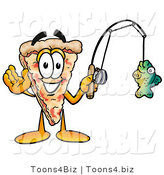 Illustration of a Cartoon Cheese Pizza Mascot Holding a Fish on a Fishing Pole by Mascot Junction