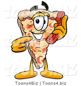 Illustration of a Cartoon Cheese Pizza Mascot Holding a Telephone by Mascot Junction