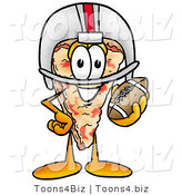 Illustration of a Cartoon Cheese Pizza Mascot in a Helmet, Holding a Football by Mascot Junction