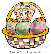Illustration of a Cartoon Cheese Pizza Mascot in an Easter Basket Full of Decorated Easter Eggs by Mascot Junction