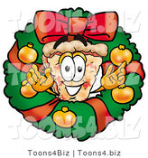 Illustration of a Cartoon Cheese Pizza Mascot in the Center of a Christmas Wreath by Mascot Junction