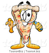 Illustration of a Cartoon Cheese Pizza Mascot Looking Through a Magnifying Glass by Mascot Junction