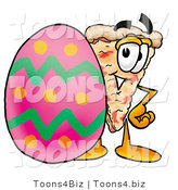 Illustration of a Cartoon Cheese Pizza Mascot Standing Beside an Easter Egg by Mascot Junction