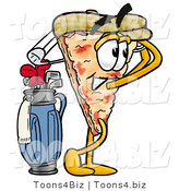 Illustration of a Cartoon Cheese Pizza Mascot Swinging His Golf Club While Golfing by Mascot Junction