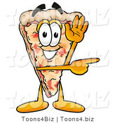 Illustration of a Cartoon Cheese Pizza Mascot Waving and Pointing by Mascot Junction