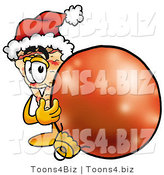 Illustration of a Cartoon Cheese Pizza Mascot Wearing a Santa Hat, Standing with a Christmas Bauble by Mascot Junction