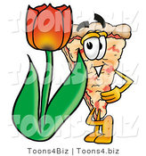 Illustration of a Cartoon Cheese Pizza Mascot with a Red Tulip Flower in the Spring by Mascot Junction