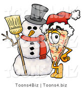 Illustration of a Cartoon Cheese Pizza Mascot with a Snowman on Christmas by Mascot Junction