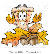 Illustration of a Cartoon Cheese Pizza Mascot with Autumn Leaves and Acorns in the Fall by Mascot Junction