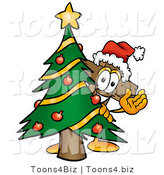 Illustration of a Cartoon Christian Cross Mascot Waving and Standing by a Decorated Christmas Tree by Mascot Junction