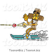 Illustration of a Cartoon Christian Cross Mascot Waving While Water Skiing by Mascot Junction