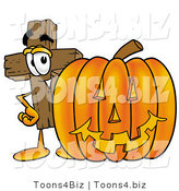Illustration of a Cartoon Christian Cross Mascot with a Carved Halloween Pumpkin by Mascot Junction