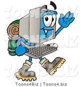 Illustration of a Cartoon Computer Mascot Hiking and Carrying a Backpack by Mascot Junction