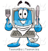 Illustration of a Cartoon Computer Mascot Holding a Knife and Fork by Mascot Junction