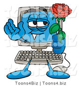 Illustration of a Cartoon Computer Mascot Holding a Red Rose on Valentines Day by Mascot Junction