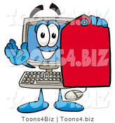 Illustration of a Cartoon Computer Mascot Holding a Red Sales Price Tag by Mascot Junction