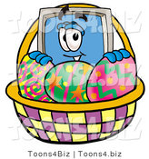 Illustration of a Cartoon Computer Mascot in an Easter Basket Full of Decorated Easter Eggs by Mascot Junction