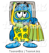 Illustration of a Cartoon Computer Mascot in Green and Yellow Snorkel Gear by Mascot Junction