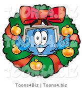 Illustration of a Cartoon Computer Mascot in the Center of a Christmas Wreath by Mascot Junction