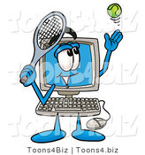 Illustration of a Cartoon Computer Mascot Preparing to Hit a Tennis Ball by Mascot Junction