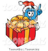 Illustration of a Cartoon Computer Mascot Standing by a Christmas Present by Mascot Junction