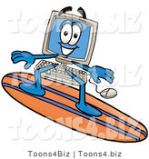 Illustration of a Cartoon Computer Mascot Surfing on a Blue and Orange Surfboard by Mascot Junction
