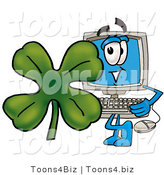 Illustration of a Cartoon Computer Mascot with a Green Four Leaf Clover on St Paddy's or St Patricks Day by Mascot Junction