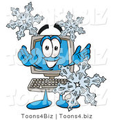 Illustration of a Cartoon Computer Mascot with Three Snowflakes in Winter by Mascot Junction