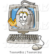 Illustration of a Cartoon Computer Mouse Mascot Aving from Inside a Computer Screen by Mascot Junction