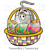 Illustration of a Cartoon Computer Mouse Mascot in an Easter Basket Full of Decorated Easter Eggs by Mascot Junction