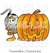 Illustration of a Cartoon Computer Mouse Mascot with a Carved Halloween Pumpkin by Mascot Junction