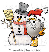 Illustration of a Cartoon Computer Mouse Mascot with a Snowman on Christmas by Mascot Junction