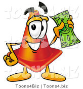 Illustration of a Cartoon Construction Safety Cone Mascot Holding a Dollar Bill by Mascot Junction