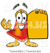 Illustration of a Cartoon Construction Safety Cone Mascot Holding a Yellow Sales Price Tag by Mascot Junction