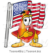 Illustration of a Cartoon Construction Safety Cone Mascot Pledging Allegiance to an American Flag by Mascot Junction