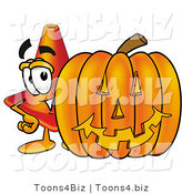 Illustration of a Cartoon Construction Safety Cone Mascot with a Carved Halloween Pumpkin by Mascot Junction