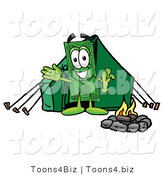 Illustration of a Cartoon Dollar Bill Mascot Camping with a Tent and Fire by Mascot Junction