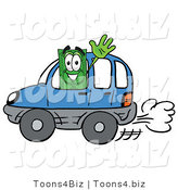Illustration of a Cartoon Dollar Bill Mascot Driving a Blue Car and Waving by Mascot Junction