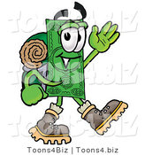 Illustration of a Cartoon Dollar Bill Mascot Hiking and Carrying a Backpack by Mascot Junction