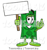 Illustration of a Cartoon Dollar Bill Mascot Holding a Blank Sign by Mascot Junction