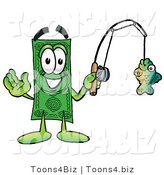 Illustration of a Cartoon Dollar Bill Mascot Holding a Fish on a Fishing Pole by Mascot Junction