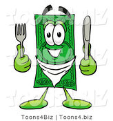 Illustration of a Cartoon Dollar Bill Mascot Holding a Knife and Fork by Mascot Junction