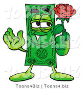 Illustration of a Cartoon Dollar Bill Mascot Holding a Red Rose on Valentines Day by Mascot Junction